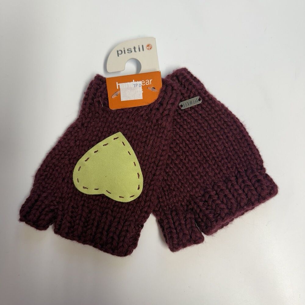 Pistil Wool Blend Stitched Heart Fingerless Gloves Handwear Gants Plum New